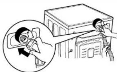 Diagram showing a person using a device to interact with a washing machine, with an inset magnified view highlighting the device's motion.