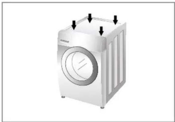 Illustration of a white washing machine with three black arrows pointing to its top frame (no text or symbols present)