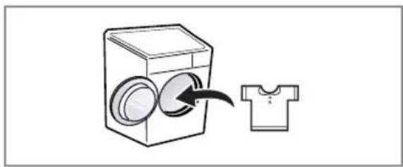 Illustration of a washing machine with two circular washers and a separate T-shirt, showing a clothing item being placed into it (no text or symbols present)