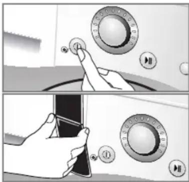 Diagram showing a hand operating a control panel with labeled buttons and directional arrows, likely illustrating a device control or playback mechanism.