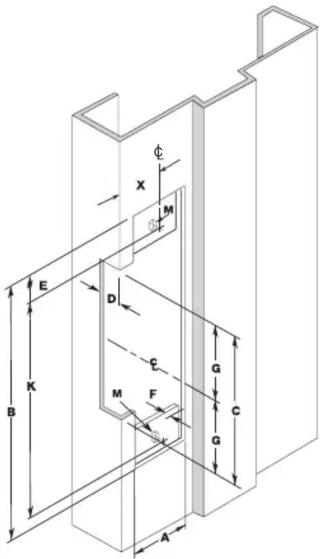 Technical diagram of a structural component with labeled dimensions and force vectors