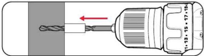 Technical diagram of a drill bit with dimensional annotations and directional arrow