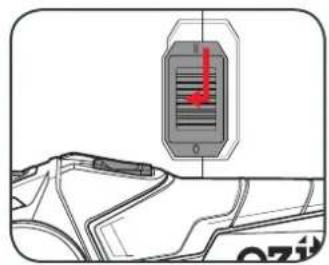 Diagram showing a device with a red downward arrow and a blue vertical bar, likely indicating a measurement or status change.