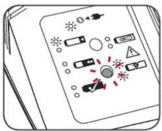 Diagram showing various electrical or mechanical symbols on a device panel, including power sources, switches, and warning signs.