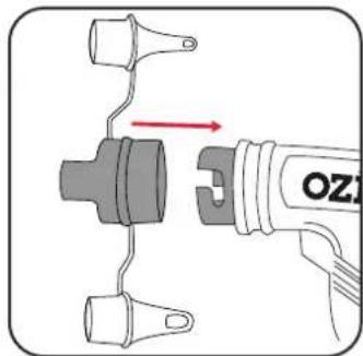 Diagram showing a hand holding an OZI tool with a red arrow indicating direction of movement or change.