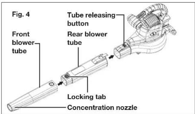 Fig. 4 Front blower tube Tube releasing button Rear blower tube Locking tab Concentration nozzle
