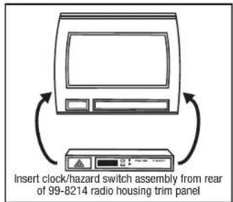 Insert clock/hazard switch assembly from rear of 99-8214 radio housing trim panel