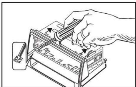 Diagram showing a hand using a tool to press or install a device with labeled parts and directional arrows
