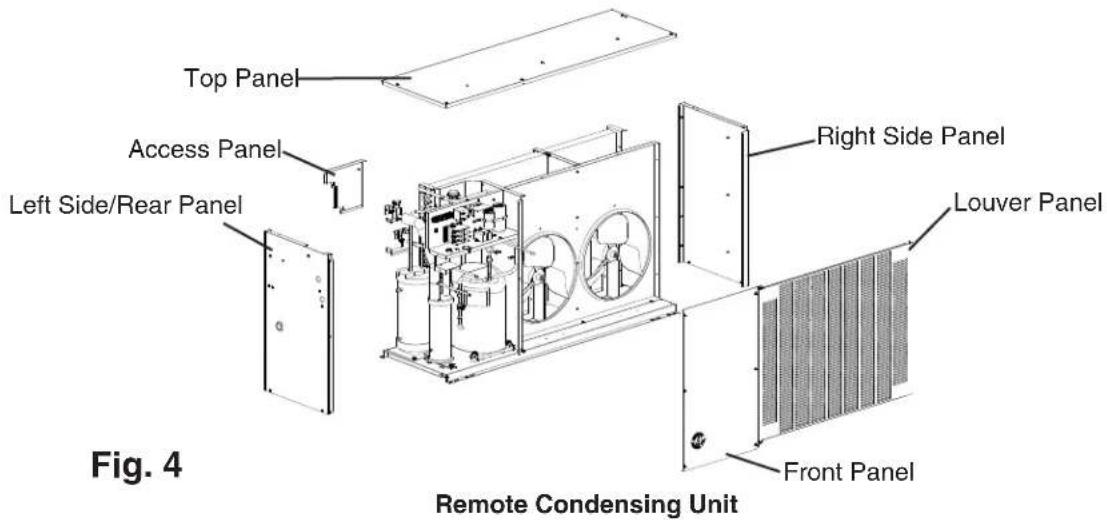 Top Panel Access Panel Left Side/Rear Panel Right Side Panel Louver Panel Front Panel Remote Condensing Unit Fig. 4