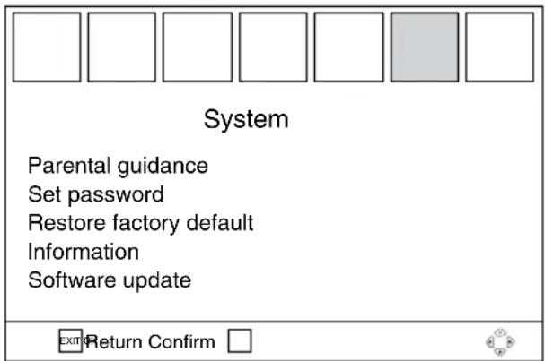 System Parental guidance Set password Restore factory default Information Software update EXIT Return Confirm