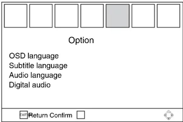 Option OSD language Subtitle language Audio language Digital audio Exit Return Confirm