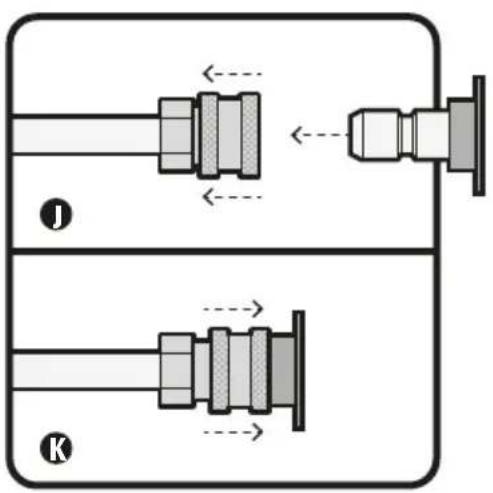 Technical diagram showing two mechanical assembly states labeled O and K, with directional arrows indicating movement or force.