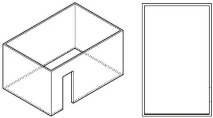 Technical line drawing of a 3D rectangular box with a cutout and an adjacent empty rectangular frame (no text or symbols)