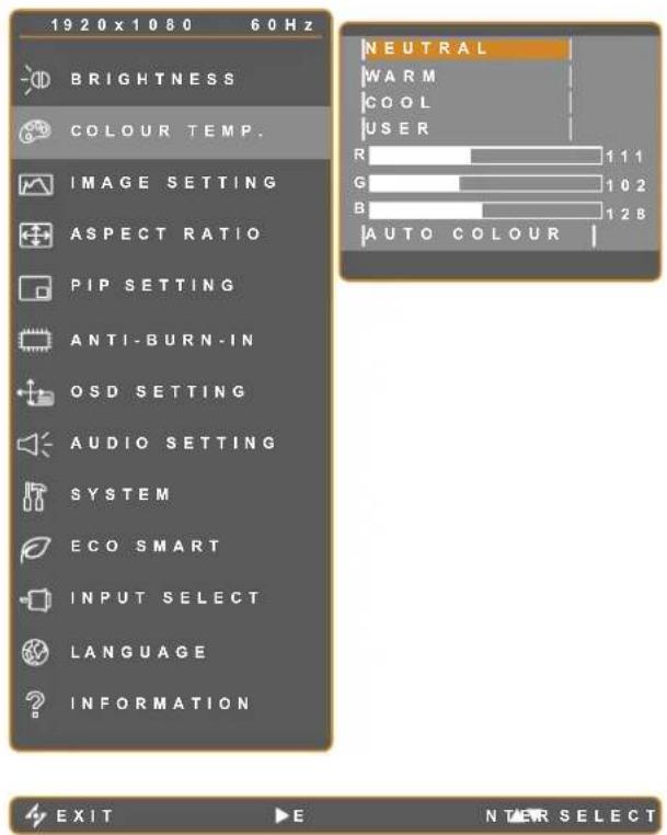 1920x1080 60Hz BRIGHTNESS COLOUR TEMP. IMAGE SETTING ASPECT RATIO PIP SETTING ANTI-BURN-IN OSD SETTING AUDIO SETTING SYSTEM ECO SMART INPUT SELECT LANGUAGE INFORMATION NEUTRAL WARM COOL USER R 111 G 102 B 12B AUTO COLOUR EXIT E NTER SELECT