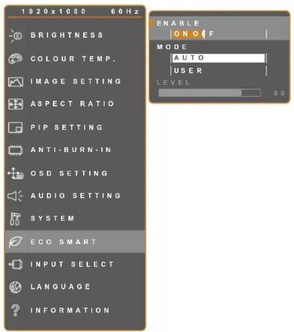 1920 x 1080 60 Hz BRIGHTNESS COLOUR TEMP. IMAGE SETTING ASPECT RATIO PIP SETTING ANTI-BURN-IN OSD SETTING AUDIO SETTING SYSTEM ECO SMART INPUT SELECT LANGUAGE INFORMATION ENABLE ON OFF MODE AUTO USER LEVEL 80