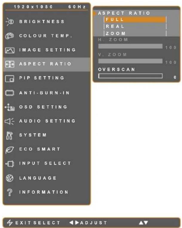 1920x1080 60Hz BRIGHTNESS COLOUR TEMP. IMAGE SETTING ASPECT RATIO PIP SETTING ANTI-BURN-IN OSD SETTING AUDIO SETTING SYSTEM ECO SMART INPUT SELECT LANGUAGE INFORMATION ASPECT RATIO FULL REAL ZOOM H. ZOOM 100 V. ZOOM 100 OVERSCAN 0 EXIT SELECT ▶ ADJUST ▲