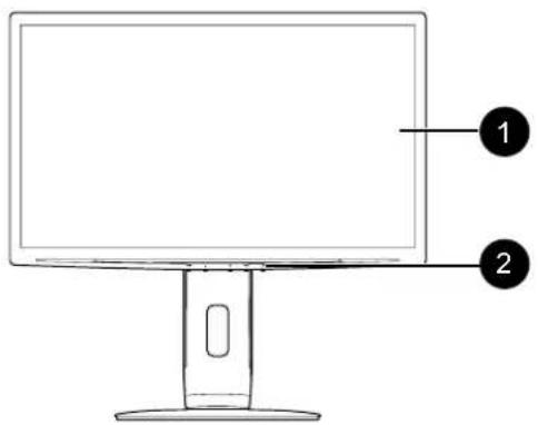 Diagram of a computer monitor with labeled parts 1 and 2, showing front and side views.