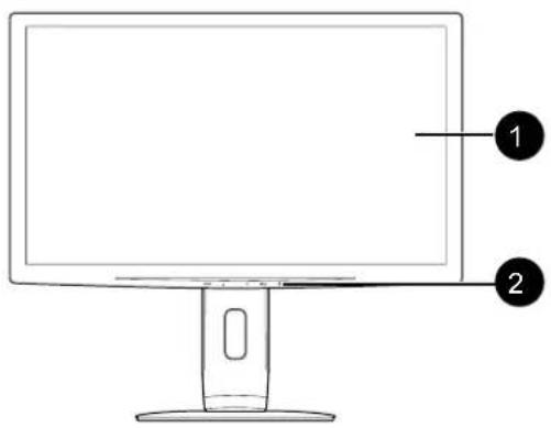 Diagram of a computer monitor with labeled parts 1 and 2, showing front and back views.
