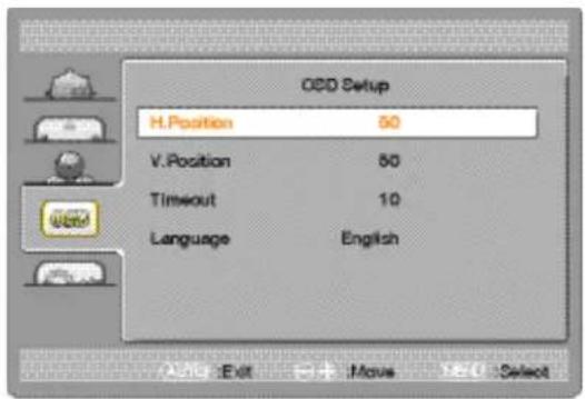 OCD Setup H.Position 50 V.Position 50 Timeout 10 Language English
