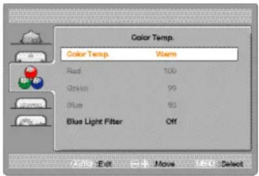 Color Temp. Color Temp. Warm Red 100 Green 99 Blue 93 Blue Light Filter Off