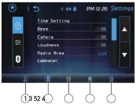 PM 12:26 Settings Time Setting Beep Camera Loudness Radio Area USA Calibration ① 3 52 4