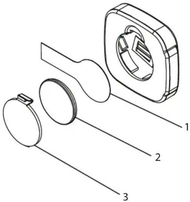Technical diagram of a mechanical assembly with labeled parts 1, 2, and 3
