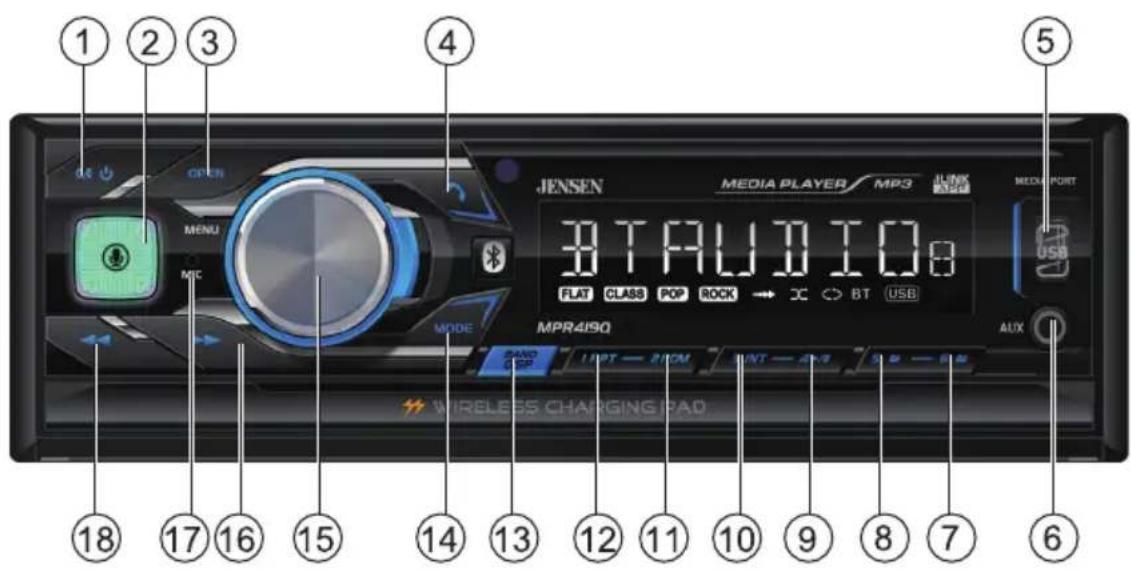 1 2 3 4 JENSEN MEDIA PLAYER/MPG JLINK MENU MPC MODE MTR4ISO BTAUDIO FLAT CLASS POP ROCK BT USB AUX WIRELESS CHARGING PAD 18 17 16 15 14 13 12 11 10 9 8 7 6