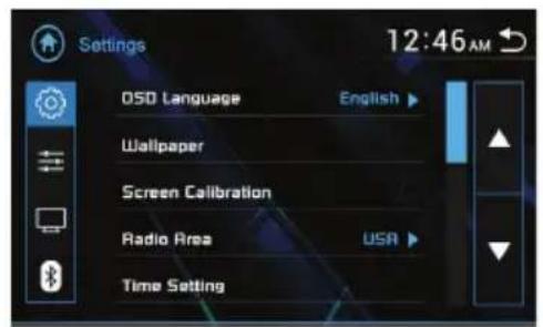 Settings 12:46 AM OSD Language English Wallpaper Screen Calibration Radio Area USA Time Setting