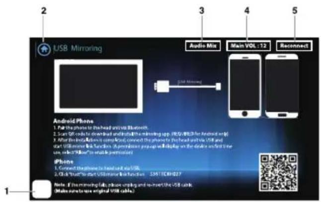 USB Mirroring 3 4 5 Audio Mix Main VOL 12 Reconnect USB Mirroring Android iPhone 1. Pair the phone to the head and via Bluetooth. 2. Scan QR code to download and install a mirroring app (RDS/MSD) for Android web. 3. After the installation completed, connect the phone to the head and via USB and start USB mouse key functions (A penetration package will display on the device or first time use, select 'USB' in enable permission) iPhone 1. Connect the phone to send out the USB. 2. Click 'Trust' to start USB mouse key functions - SRS11C9H027 Note: If the morning job, please open and return the USB cable. (Makes precreate are original USB cables)