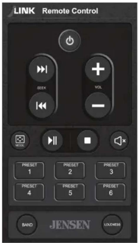 LINK Remote Control SEEK VOL MODE PRESET 1 PRESET 2 PRESET 3 PRESET 4 PRESET 5 PRESET 6 BAND JENSEN LOUDNESS