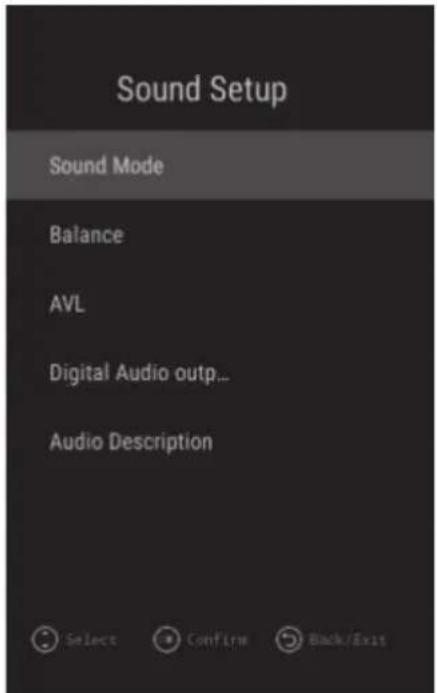 Sound Setup Sound Mode Balance AVL Digital Audio outp... Audio Description Select Confirm Black/Exit