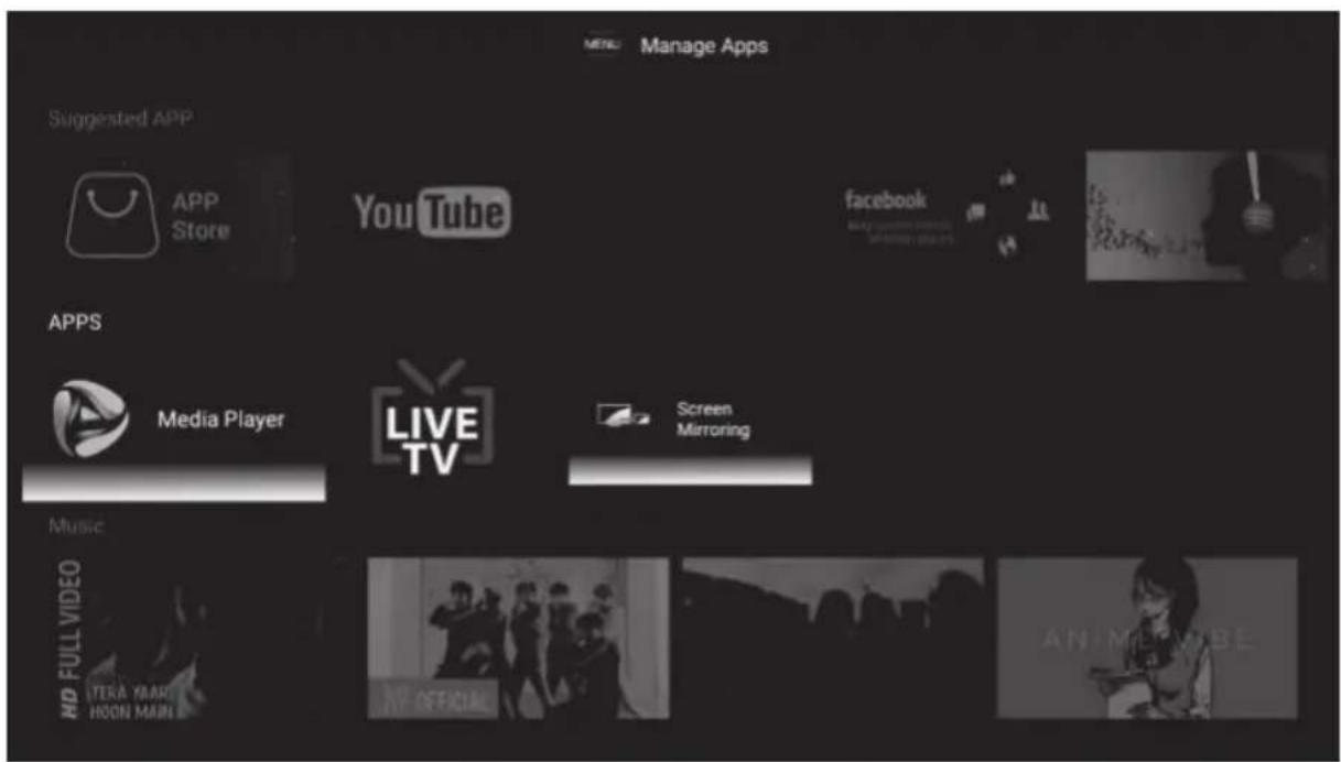 MENU Manage Apps Suggested APP APP Store YouTube facebook APPs Media Player LIVE TV Screen Mirroring Music HD FULL VIDEO YERA YAR, HOON MAIN HY OFFICIAL AN IM MUBE