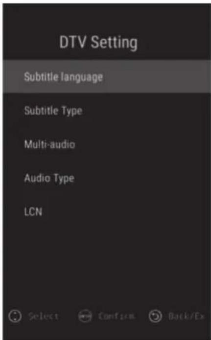 DTV Setting Subtitle language Subtitle Type Multi-audio Audio Type LCN Select Confirm Back/Ex