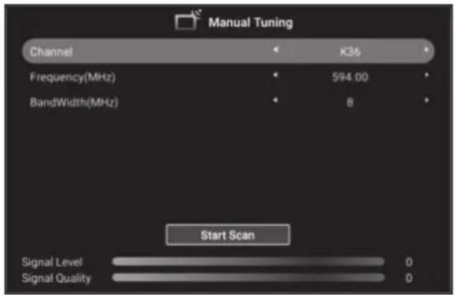 Manual Tuning Channel K36 Frequency(MHz) 594.00 BandWidth(MHz) 8 Start Scan Signal Level 0 Signal Quality 0