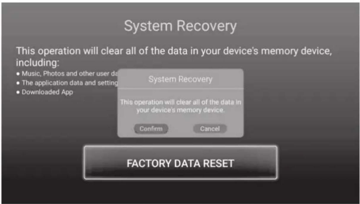 System Recovery This operation will clear all of the data in your device's memory device, including: • Music, Photos and other user data • The application data and setting • Downloaded App System Recovery This operation will clear all of the data in your device's memory device. Confirm Cancel FACTORY DATA RESET