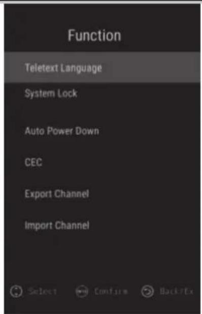 Function Teletext Language System Lock Auto Power Down CEC Export Channel Import Channel Select Confirm Back?Ex
