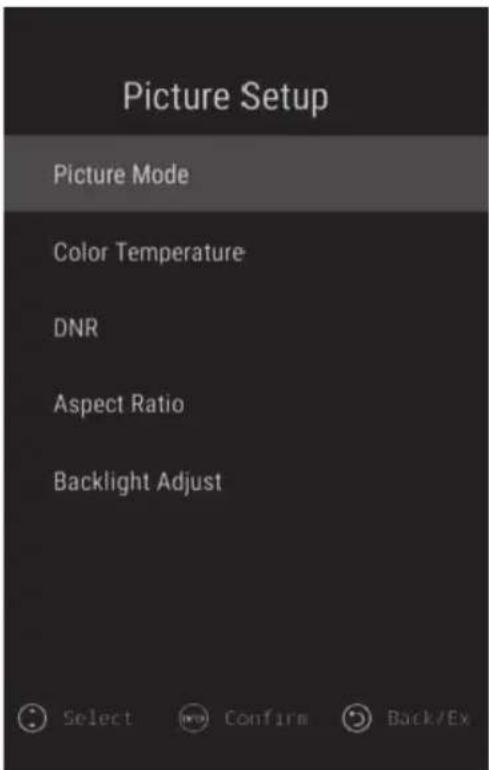 Picture Setup Picture Mode Color Temperature DNR Aspect Ratio Backlight Adjust Select Confirm Back/Ex