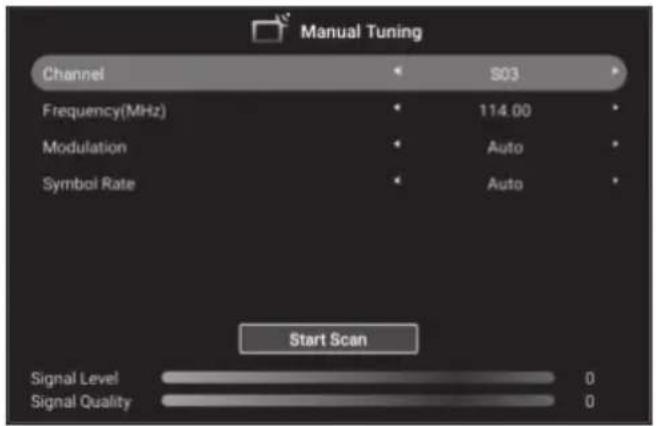 Manual Tuning Channel S03 Frequency(MHz) 114.00 Modulation Auto Symbol Rate Auto Start Scan Signal Level 0 Signal Quality 0