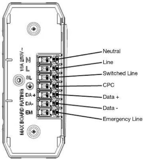 10A 25V~ N L SL DA+ DA- EM MAX BOARD PATING Neutral Line Switched Line CPC Data + Data - Emergency Line