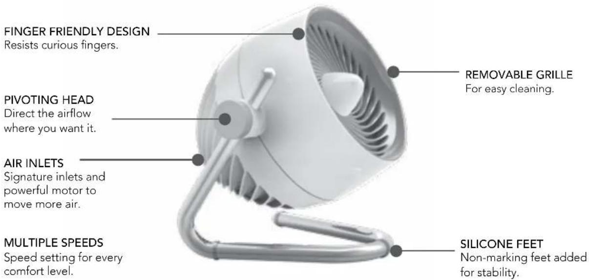 FINGER FRIENDLY DESIGN Resists curious fingers. PIVOTING HEAD Direct the airflow where you want it. AIR INLETS Signature inlets and powerful motor to move more air. MULTIPLE SPEEDS Speed setting for every comfort level. REMOVABLE GRILLE For easy cleaning. SILICONE FEET Non-marking feet added for stability.