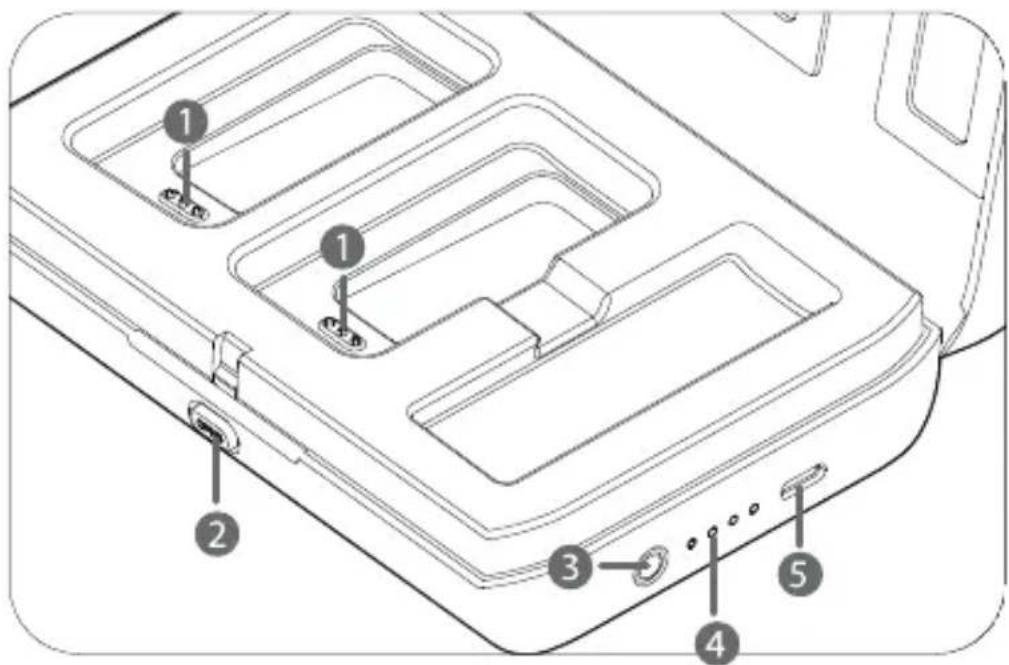 Technical diagram of a device rear panel with numbered components and labeled ports