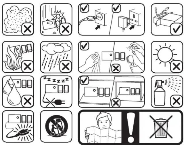 Grid of 16 safety and cleaning icons with checkmarks and crossed-out symbols, including pollution, lighting, sun, and fire protection.