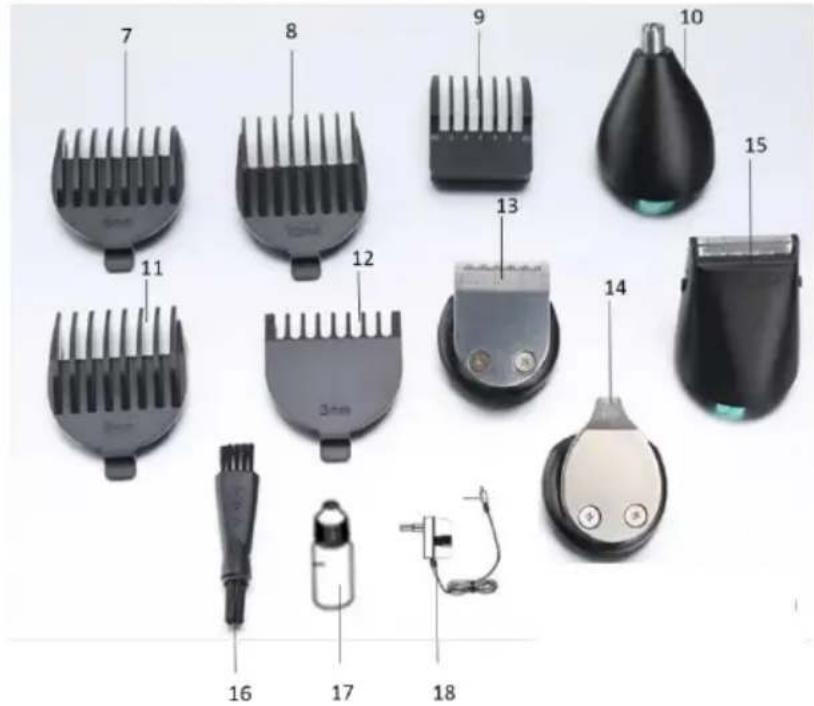 Labeled diagram of 18 different hairbrushes with numbered parts, including a 3mm mark and a digital device.