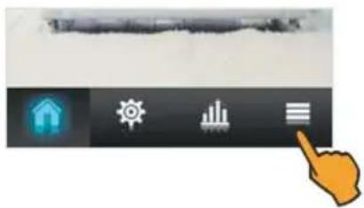 User interface toolbar with icons for home, gear, bar chart, and menu items, plus a hand cursor pointing to the right button.