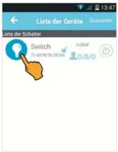 Liste der Geräte Scenarien Liste der Schalter Switch 7:dd:90.9c:05.bd Lokal 0/0/0