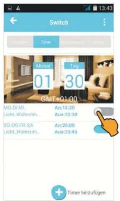 Switch Time Monat 01 30 Tag GMT+01:00 M0.DI.MI. Licht.Wohnzim... An:18:30 Aus:22:30 SD.DO FR.SA Licht.Wohnzim... An:29:00 Aus:23:45 Timer hinzufügen
