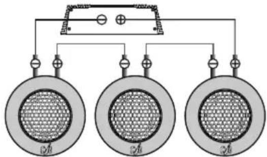 Diagram showing three circular components with mesh patterns and connections, possibly representing a mechanical or electrical system.