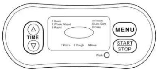 1. Biscut 2 Whole Wheat 3 Rapid 4 Fleech 5 Low Carb 6 Cake 7 Pizza 8 Dough 9 Bake MENU START STOP Work