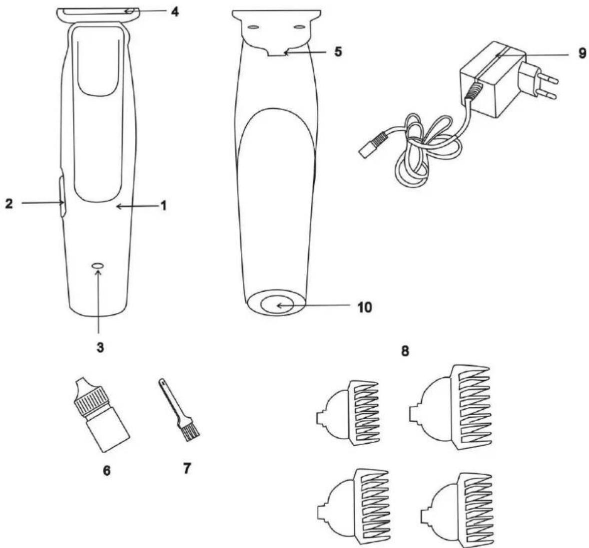 Technical diagram of a hairbrush with labeled parts including tip, barrel, and power adapter components
