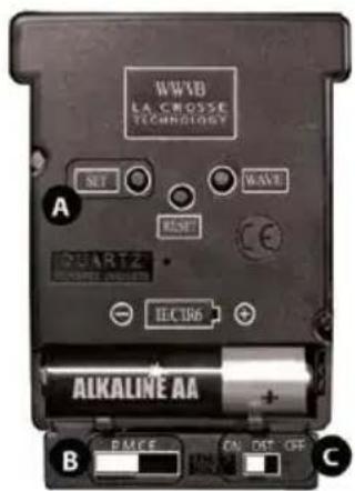 WAVE LA CROSSE TECHNOLOGY SET WAVE RSET A UARTZ ELEC186 ALKALINE AA PAGE CAI DST OFF B C